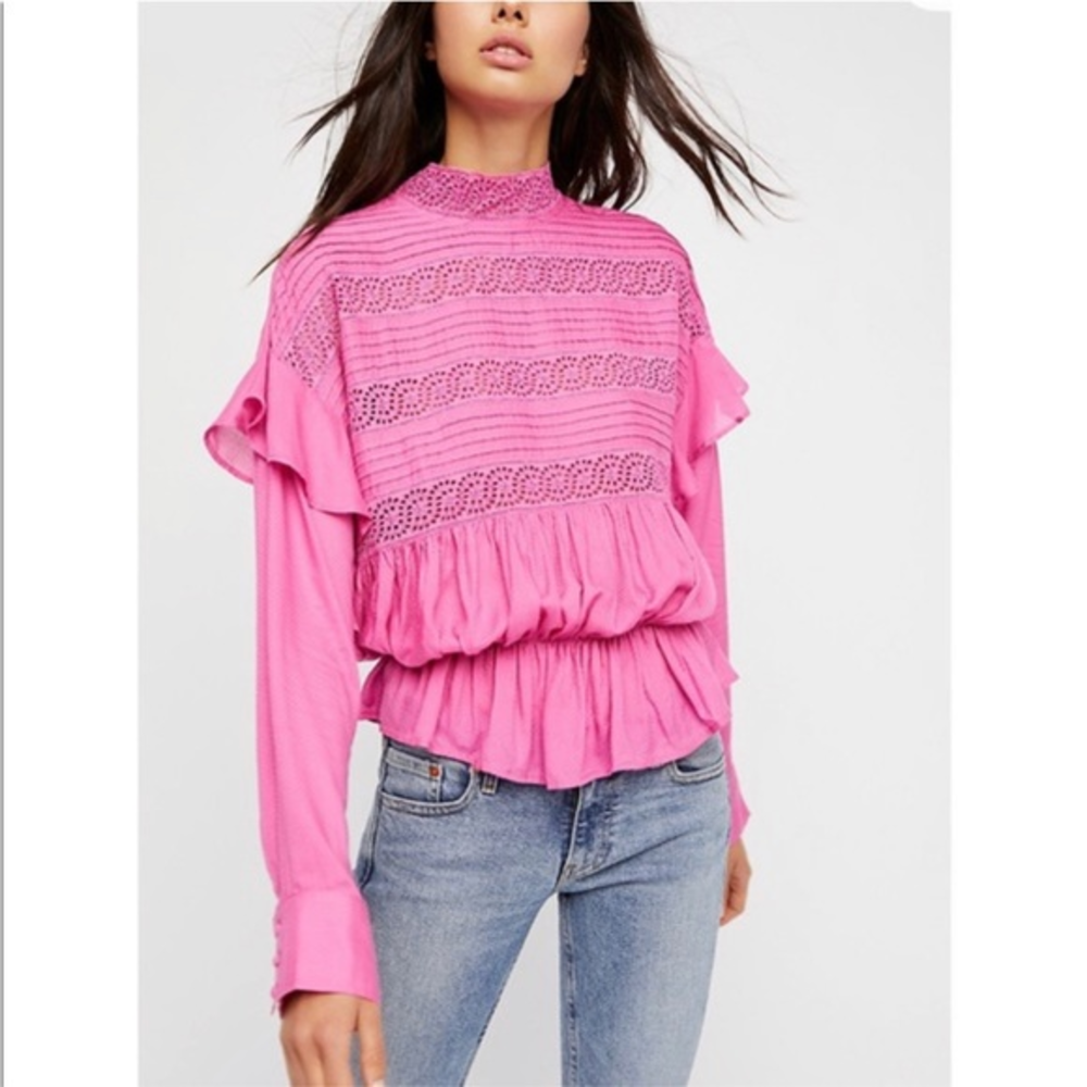 FREE PEOPLE Crush on‎ You Pink Ruffle Long Sleeve Top Boho Victorian
